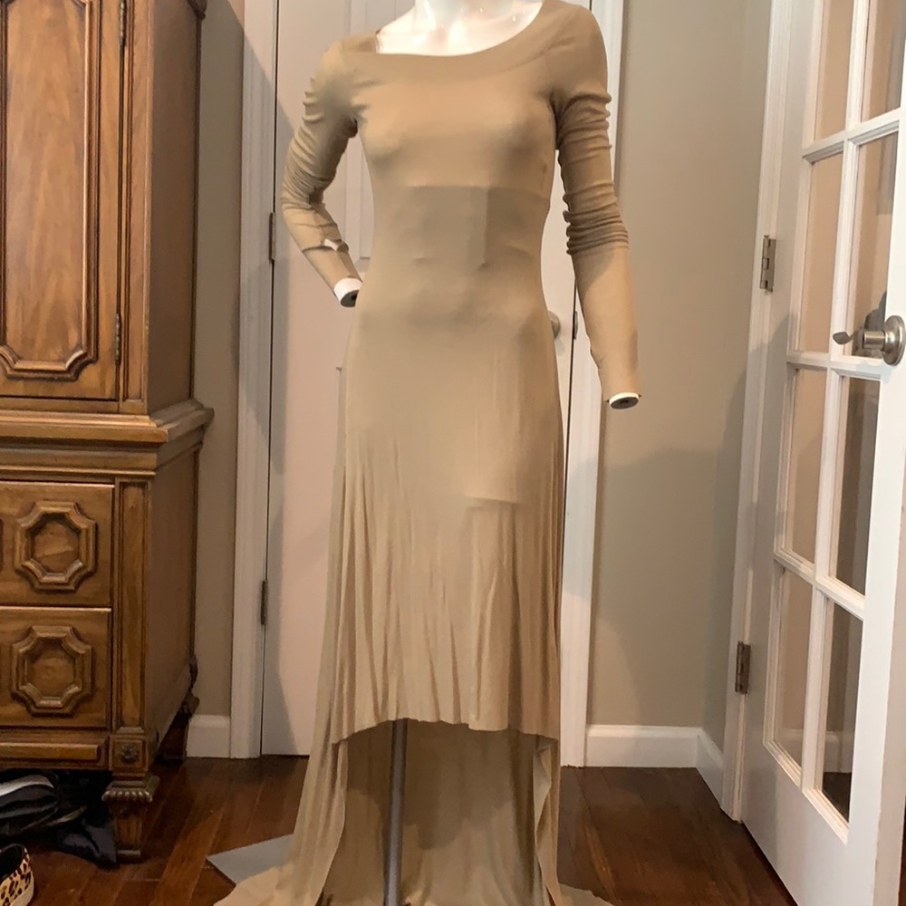BCBG tan, ribbed hi-low maxi dress